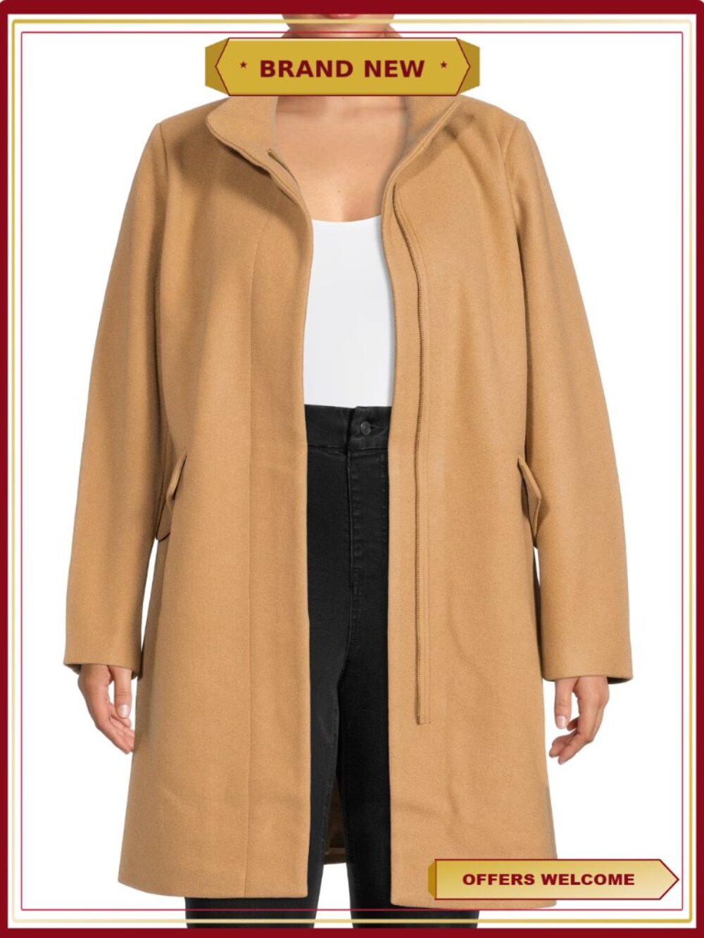 Faux Wool Funnel Neck Coat Zip Front M